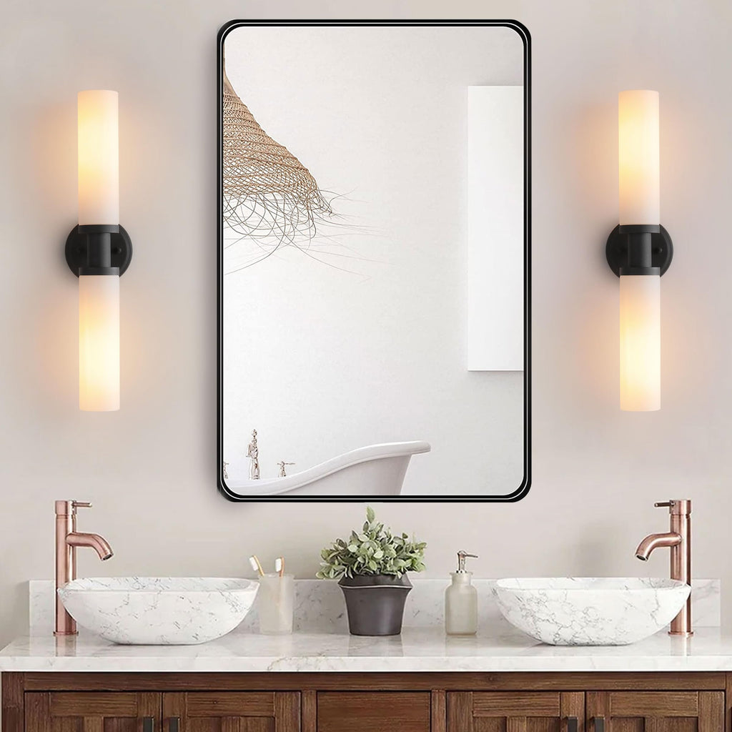 Wall Sconces Set of Two,Matte Black Bathroom Sconces Wall Lighting with White Glass, Modern Sconces Wall Decor Set of 2 Wall Light fixtures for Bathroom Mirror Living Room Hallway Bedroom Wall Lamp