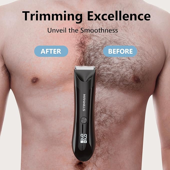 ManWills Body Hair Trimmer Men - Ball Trimmer Men, 2 Replaceable Ceramic Blades, Waterproof Pubic Trimmer with Charging Dock, Rechargeable, 7000RPM