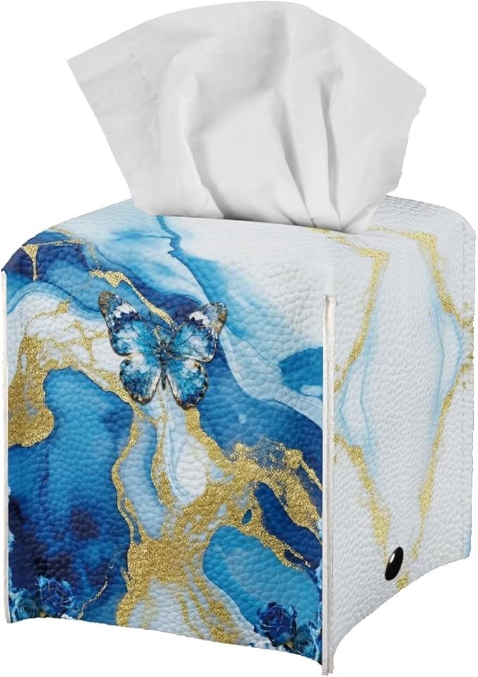 Blue Marble Butterfly Modern Tissue Box Holder, Waterproof Square PU Leather Napkin Case with Metal Button Closure, Decorative Tissue Cover Organizer for Vanity, Desk, Car, and Living Room