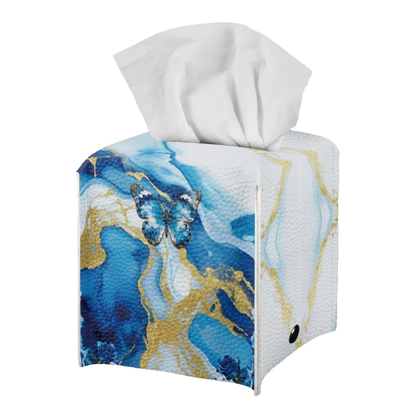 Pzuqiu Blue Marble Butterfly Modern Tissue Box Holder, Waterproof Square PU Leather Napkin Case with Metal Button Closure, Decorative Tissue Cover Organizer for Vanity, Desk, Car, and Living Room