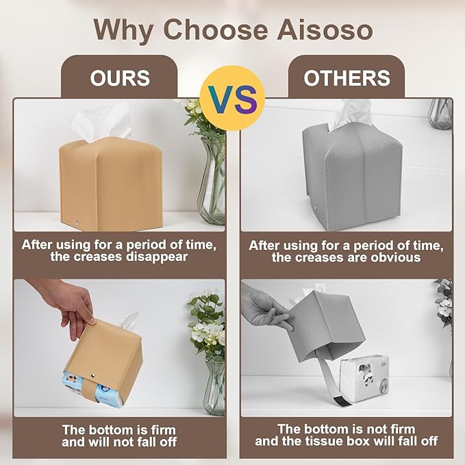 Aisoso 2 Pcs Square Cream Tissue Box Cover PU Leather Decorative Tissue Organizer Dispenser Holder for Bathroom, Desk, Home, Car, Office, 5.12" X 5.12" X 5.12"