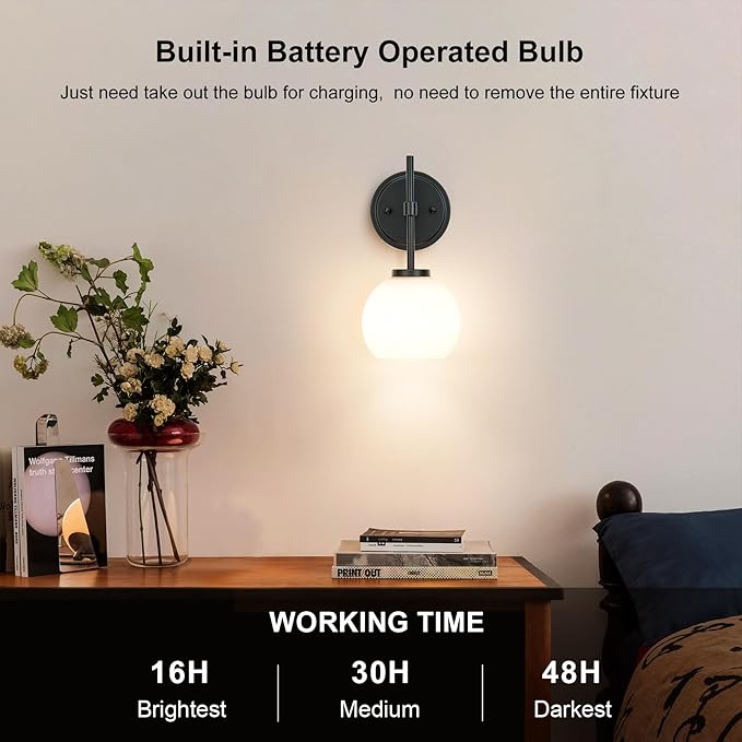 SANTOSTOCK Black Wireless Rechargeable Wall Sconces with Remote Control, Battery Operated Wall Sconce Set of 2, LED Dimmable Wall Lights with Opal White Glass Shade, 12 Colors RGB & 3 CCT Bulb