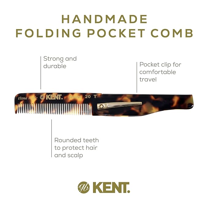 Kent Set Men's Hair Pocket Combs, 81T X-Small, 20T Fine Tooth Folding Comb. Best Hair, Beard and Mustache Grooming Kit for Travel and Home Care, Handmade in England