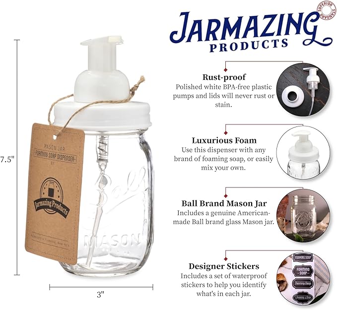 Jarmazing Products Mason Jar Foaming Soap Dispenser – White – with 16 Ounce Ball Mason Jar - One Pack!
