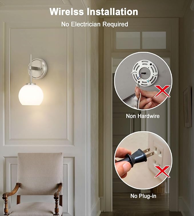 Brushed Nickel Battery Operated Wall Sconce Set of 2, Wireless Rechargeable Sconces Wall Lighting with Remote Control, LED Wall Lights with Opal White Glass Shade, 12 Colors RGB & 3 CCT Bulb