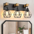 3-Light Farmhouse Bathroom Vanity Light Fixtures, Wood Bathroom Light Fixtures Over Mirror, Rustic Sconces Wall Lighting with Elegant Metal Lampshade for Living Room, Bedroom, Hallway