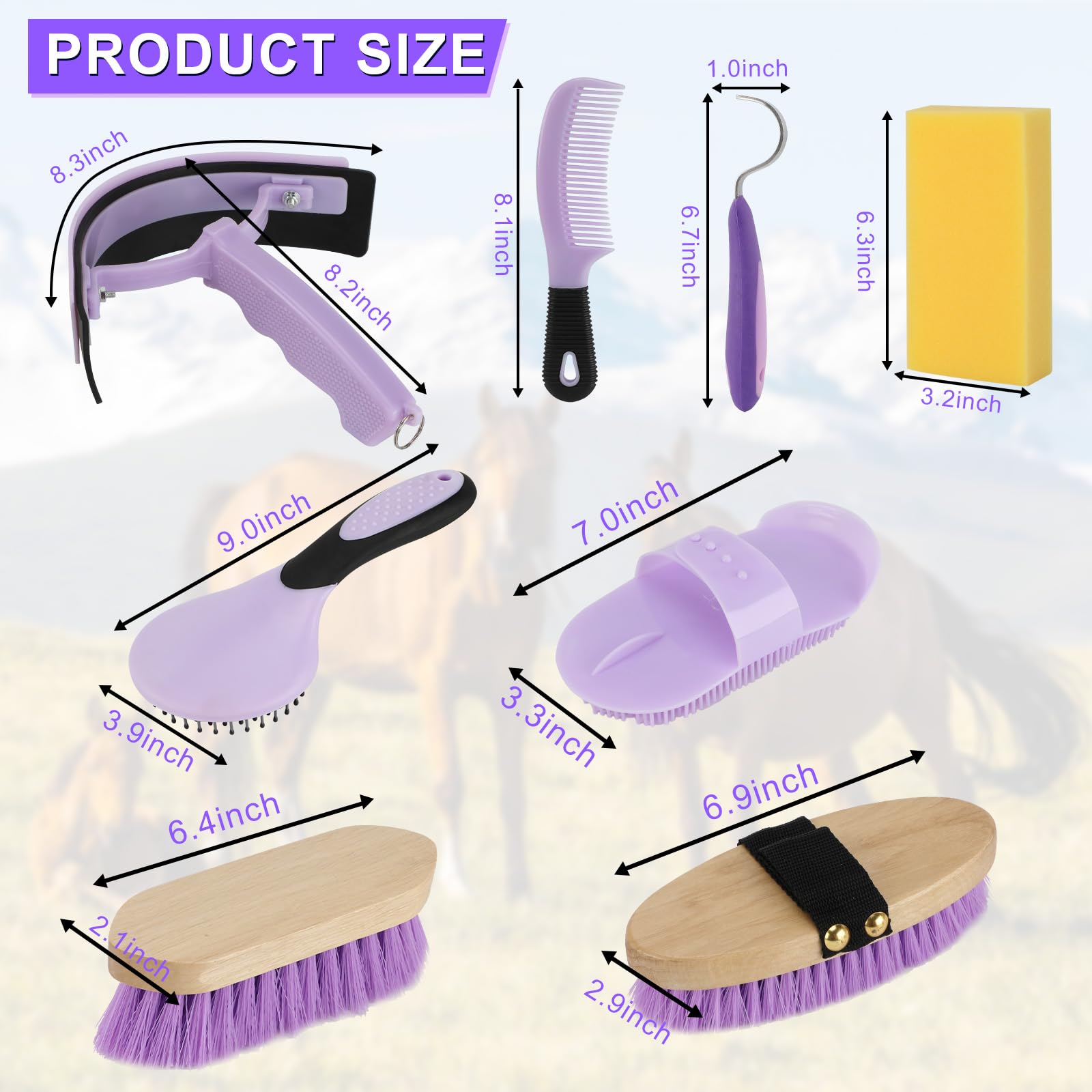 GINDOOR Horse Grooming Kit, 9-Piece Horse Brush Set with Tote Bag, Purple