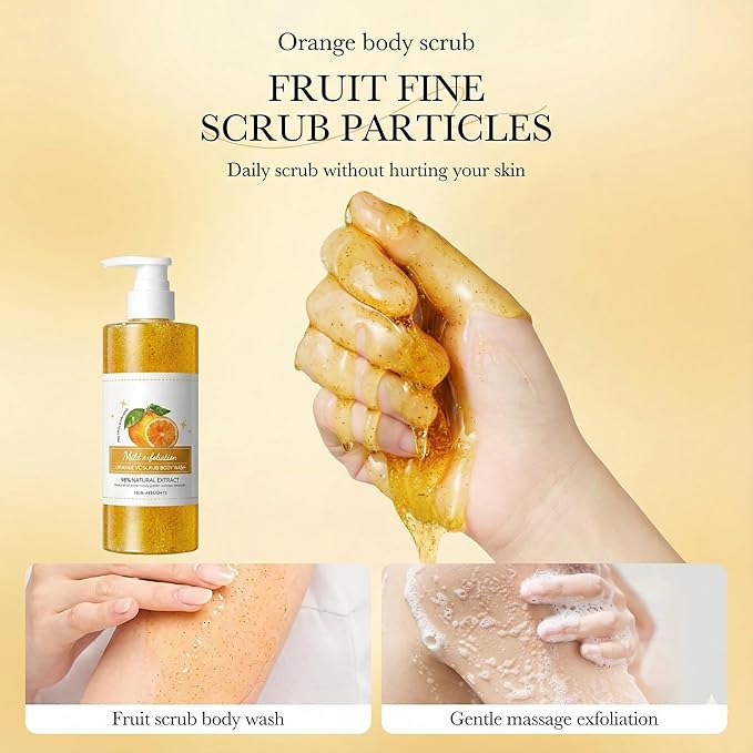 Wayfengli Orange Exfoliating Body Wash - [300ml] Vitamin C Brightening Shower Gel with Natural Scrub - Citrus Scented Mild Body Scrub for Glowing Skin & Roughness - Refreshing Daily Cleanser