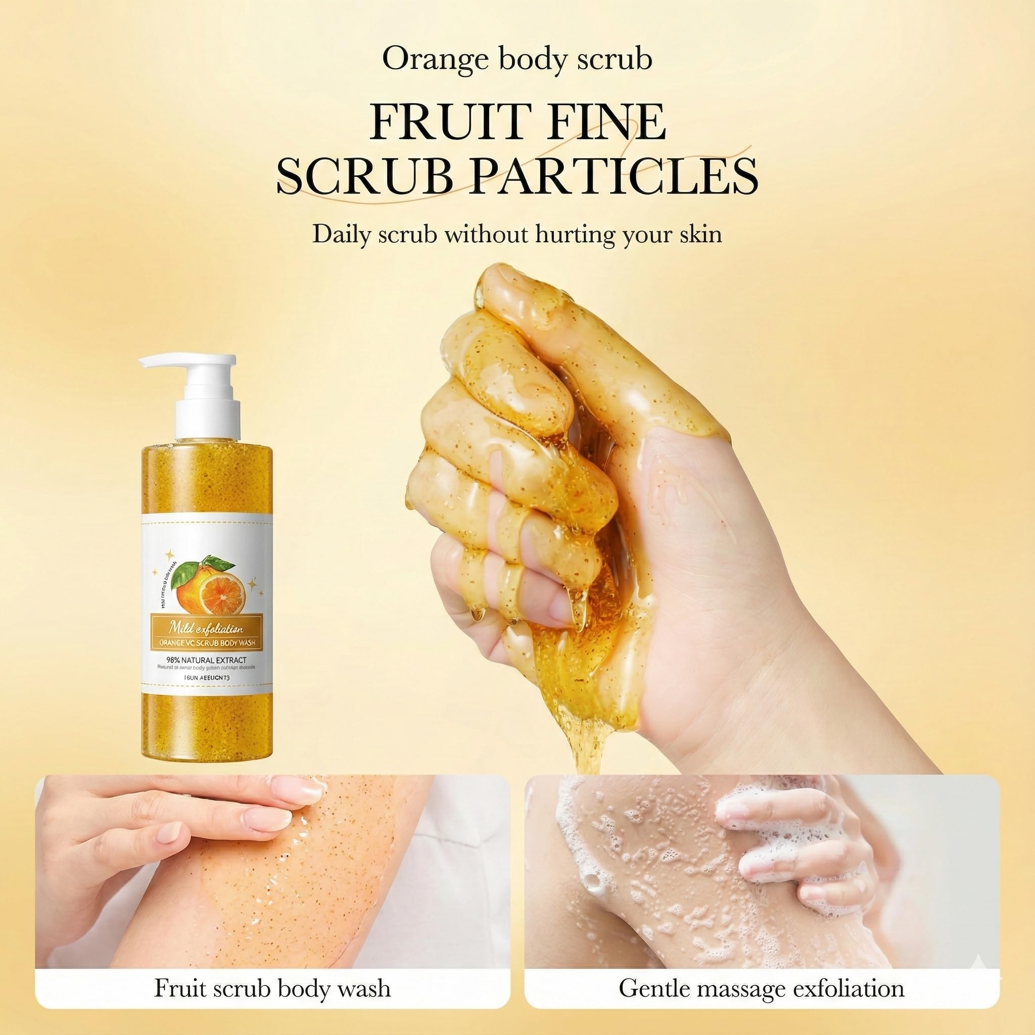 Wayfengli Orange Exfoliating Body Wash - [300ml] Vitamin C Brightening Shower Gel with Natural Scrub - Citrus Scented Mild Body Scrub for Glowing Skin & Roughness - Refreshing Daily Cleanser
