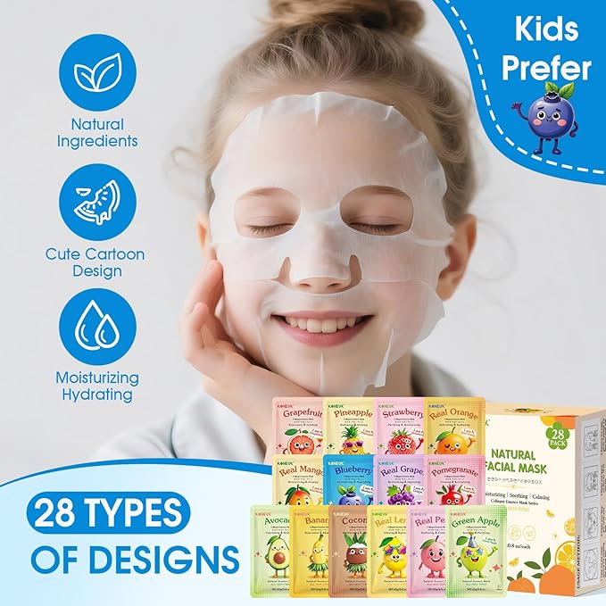 28 Pack Fruit Face Masks Skincare for Kids Girls, Sheet Collagen Face Mask for Women Skin Care, Bulk Hydrating Facial Mask for All Skin Types, Sleepover Party Supplies and Party Spa Gifts for Teens