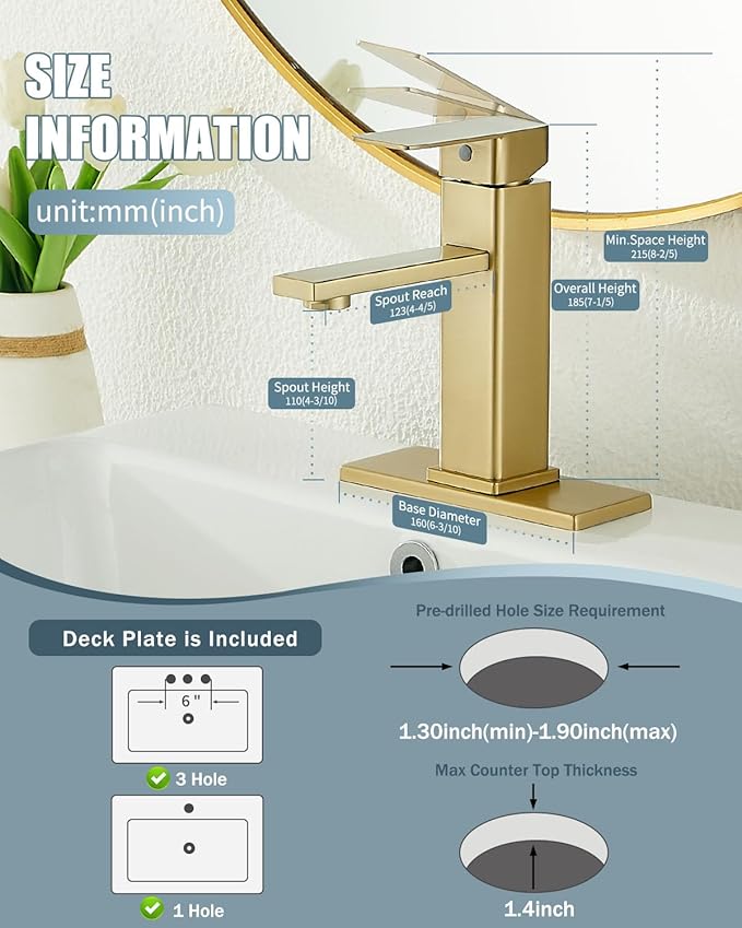 Bathroom Faucet, Brushed Gold Bathroom Sink Faucets & Parts(Pop-up Drain+6" Escutcheon Plate+Supply Hoses), Vanity Faucet for Vessel Sink, llaves para lavamanos de baño