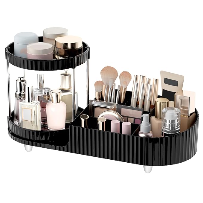 Makeup Organizer Countertop with 360 Rotating Perfume Trays, 7-Divider Vanity Skincare Organizers, Make Up Desk Organization and Storage with Cosmetic Brush Holder for Bedroom Bathroom Counter