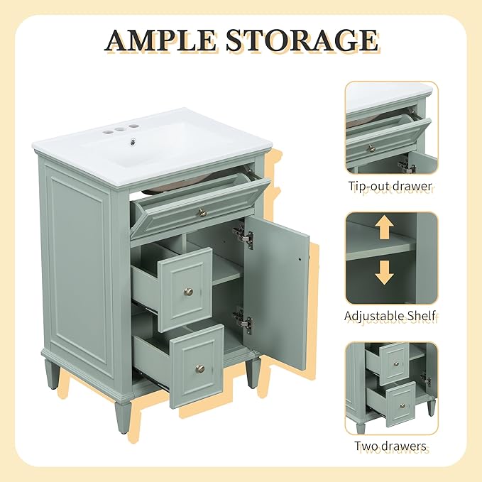 Harper & Bright Designs 24" Bathroom Vanity with Sink, Free Standing Single Basin Vanity Set with Tip-Out Drawer, 2 Drawers, and One Door, Storage Cabinet with Ceramic Basin for Bathroom, Green