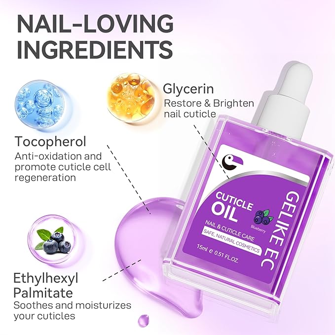 Gelike EC Nail Cuticle Oil - Blueberry Scent Organic Nail Moisturizing With Natural Jojoba Vitamin B & E for Nail Bed ＆ Damaged Nails Repair Treatment- Cuticle Cream for Nail Growth and Strength