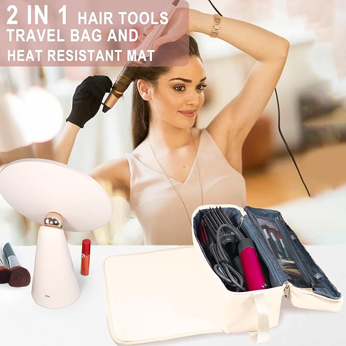 FAMOPLAY Hair Tools Travel Bag with Heat Resistant Mat Hair Styling Accessories Storage Case for Hair Dryer Flat Iron Straightener Curling Iron Haircare Accessories Travel Essentials for Women