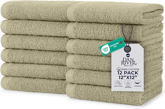 DAN RIVER 12 Pack Wash Cloths for Showering [12x12] - 100% Cotton Washcloths Premium Quality Flannel Face Cloths for Bathroom, Highly Absorbent and Soft Feel Wash Clothes, Beige