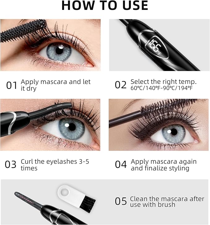 EYECURL Heated Eyelash Curler, Heated Lash Curler, Accurate Temperature Control Electric Eyelash Curler Heated - Intelligent Power Off, Natural Makeup (Black/Silver, S600-148MM)