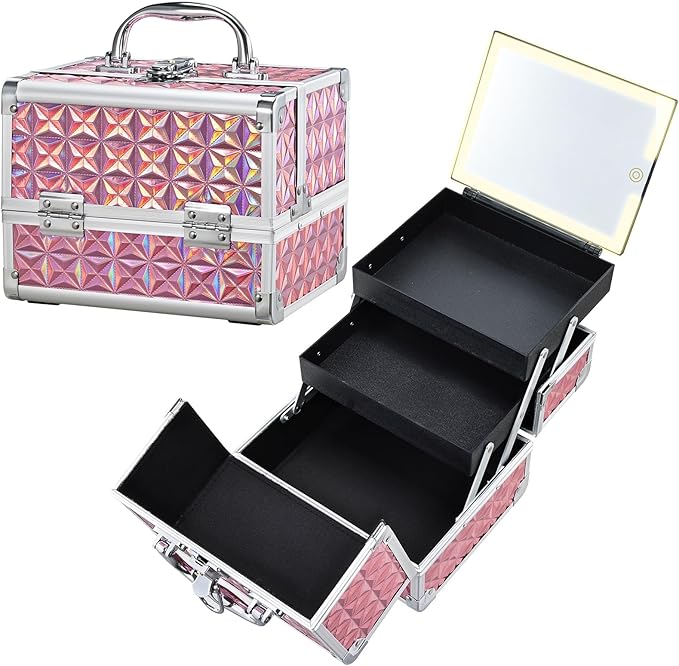 Faquenc Makeup Case with Lighted Mirror - Shiny Pink Hard Makeup Train Case with 3-Color LED Mirror, Portable Makeup Organizer Box for Women & Travel, Aluminum Cosmetic Case with Lock