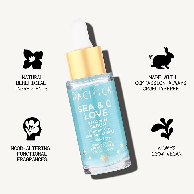 Pacifica Beauty Sea & C Love Vitamin C Serum for Face – Brightening & Anti-Aging Formula with Hyaluronic Acid, Green Tea & Algae – Blue Light Protection – Fades Dark Spots & Fine Lines – 1 Fl Oz