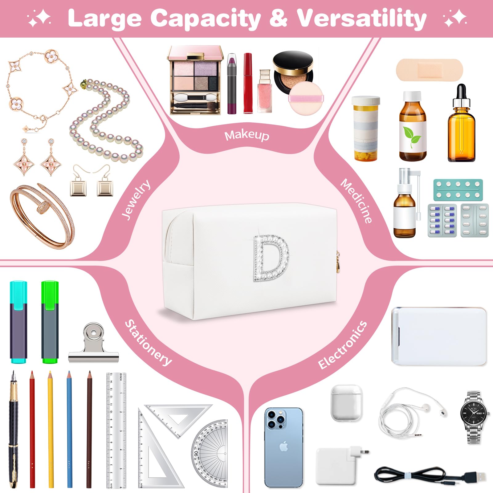 Bride Gifts – Personalized Initial Makeup Bag with Pearl Rhinestone Patch, Preppy White Monogram Cosmetic/Toiletry Pouch, bridesmaid Gifts, Bridal Shower Gifts, Wedding Gifts, Bridal Gifts,D