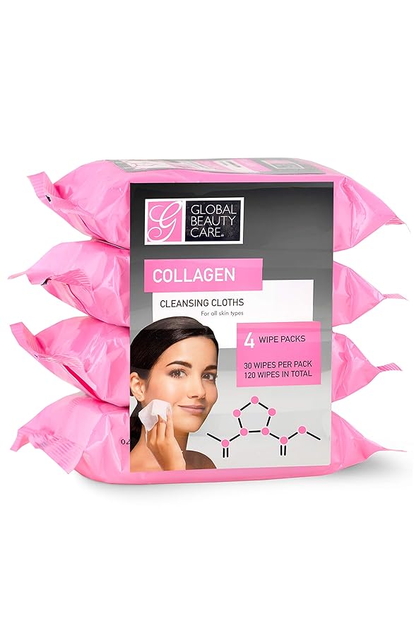 Global Beauty Care Collagen Makeup Remover Wipes with Skin Smoothing Support - Facial Cleansing Cloths Remove Waterproof Mascara, Oil & Dirt, Texture Smoothing, All Skin Types, 120 Count (4-Pack)