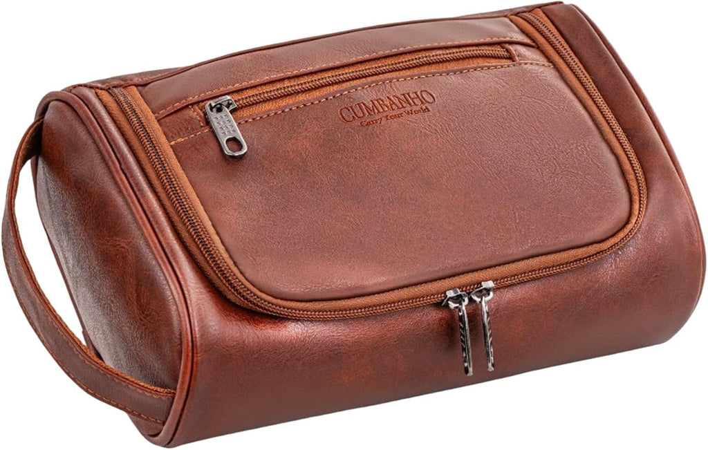 Mens Toiletry Bag, Compact Dopp Kit for Men Travel, PU Leather Shaving Kit, Water-Resistant Minimalist Organizer with Wrist Strap, Fits Grooming Essentials,Large 10x6.5x4 Inch Mocha Brown