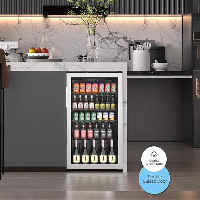 Erivess 3.1 Cubic Feet/110 Can Beverage Refrigerator,17 Inch Fridge with Adjustable Shelve & LED Display for Soda Beer or Wine, Drink Refrigerator for Home Bar Office(Silver)