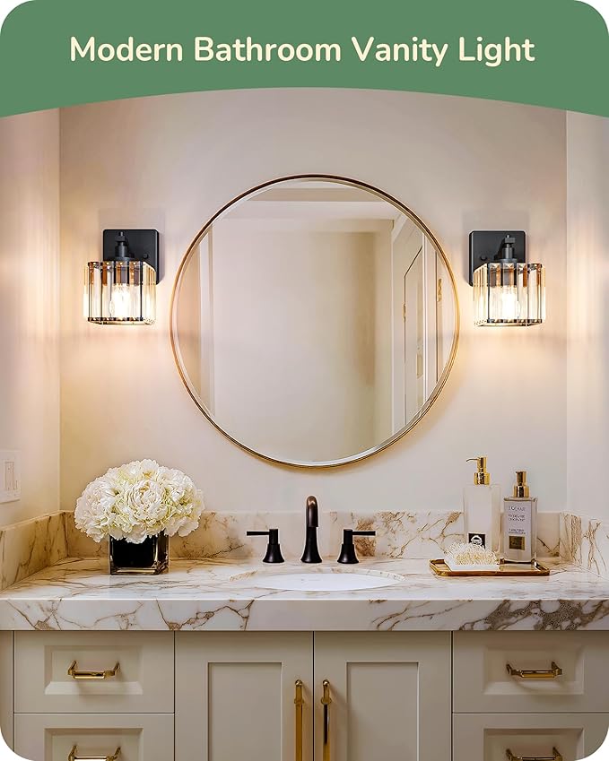 EDISHINE Hardwired Black Crystal Wall Sconces Set of 2, Modern Vanity Light