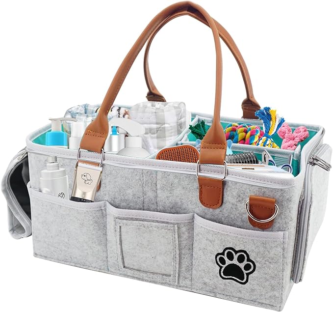 Brabtod Felt Dog Grooming Bag,Portable Tote Bag for Dogs Cats,Dog Storage Organizer for Grooming Tool Kit,3 Compartments Pet Stuff Oganizers with 8 Pockets-Grey