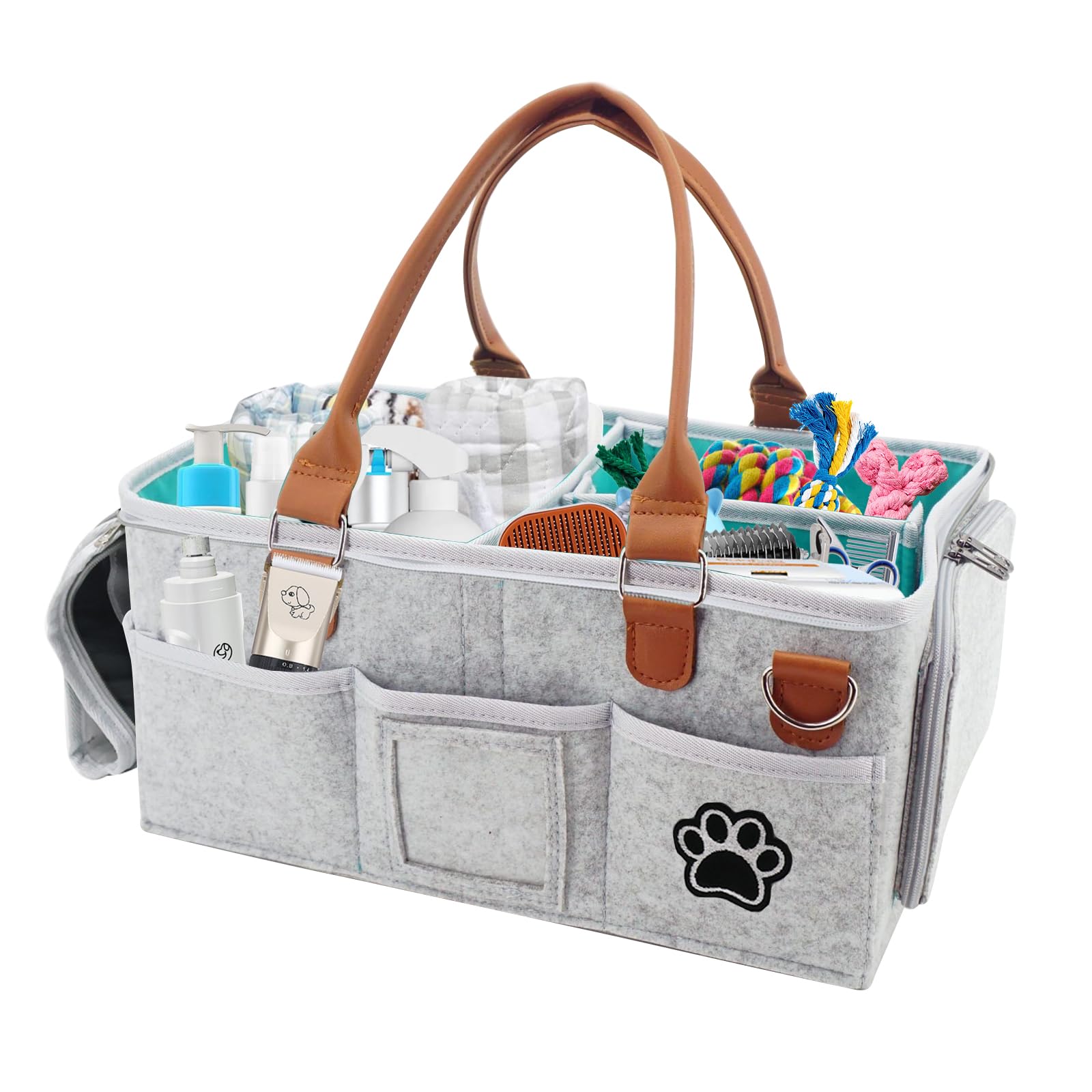 Brabtod Felt Dog Grooming Bag,Portable Tote Bag for Dogs Cats,Dog Storage Organizer for Grooming Tool Kit,3 Compartments Pet Stuff Oganizers with 8 Pockets-Grey