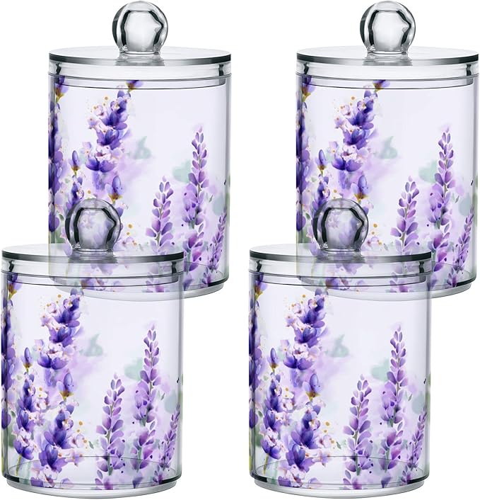 2 Pack Qtip Holder Dispenser for Cotton Ball Purple Lavender Cotton Swab Round Pads Clear Plastic Acrylic Jar Set Bathroom Canister