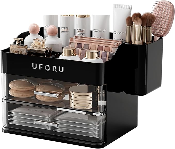 UFORU Makeup Organizer for Vanity with Brush Holder, Countertop Skincare Organizer with 2 Drawers, Spacious Cosmetic Display Case for Perfumes, Cologne, Shaving Lotion