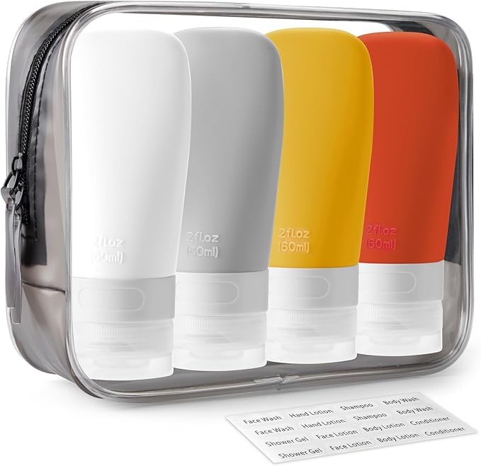 INSFIT Travel Bottles for Toiletries, TSA Approved 2oz Leak Proof Silicone Squeezable Containers, BPA Free Refillable Vacation Essentials for Shampoo Body Wash Liquids (4 Pack)