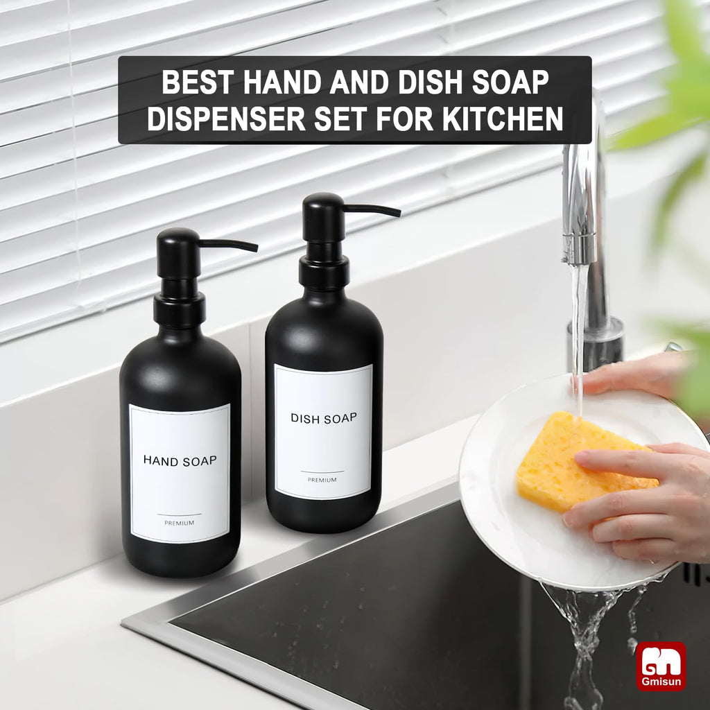 GMISUN Black Soap Dispenser, 2 Pack Matte Black Hand Soap Dispensers for Bathroom, 17 Fl Oz Glass Dish Soap Dispensers for Kitchen with Stainless Steel Pump, Modern Liquid Soap Bottle