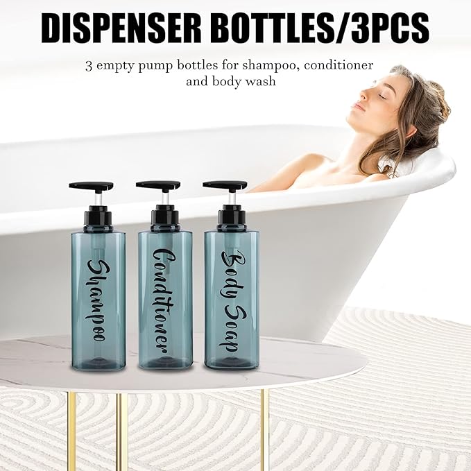 AUMIO 16.9oz Refillable Shower Soap Dispenser with Pump - 3 Chamber No Drill for Shampoo, Conditioner & Body Wash, Blue Clear Plastic Bottle Dispenser, Bathroom Organizer with 6 Waterproof Labels