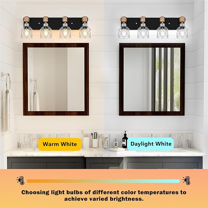 FadimiKoo Farmhouse Vanity Light for Bathroom, 4-Light Rustic Wood Black Bathroom Light Fixtures with Elegant Silver Metal Cage, Vintage Vanity Lights Over Mirror for Living Room Bedroom Hallway