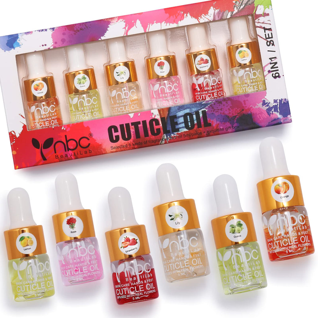 NBC BeautiLab Cuticle Oil Set - 6pcs with Flowers, Vitamin E for Nail Repair & Strengthening