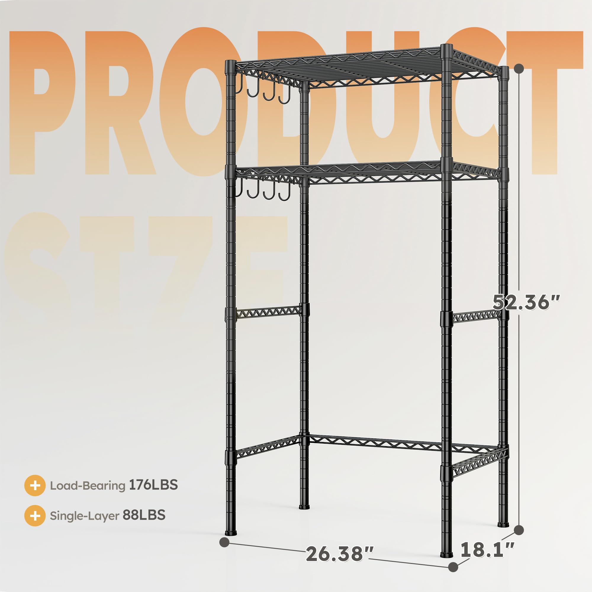 REIBII Mini Fridge Shelf with Storage, 2-Tier Adjustable Metal Shelving Unit with 8 Hooks,176 LBS Heavy Duty Organizer Rack for Dorm Room,Apartment, Kitchen and Office,52.36" H x 26.38" W x 18.1" D