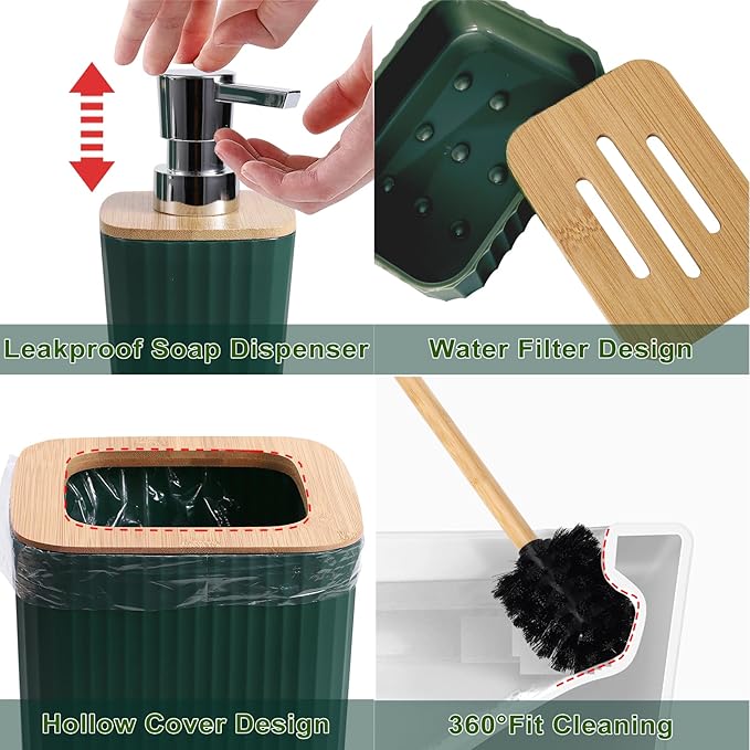XLHOMO Dark Green Bathroom Accessories Set with Ombre Shower Curtain and Bathroom Rugs,Bathroom Sets with Trash Can,Toothbrush Holder and Cup,Soap Dispenser,Tray,Soap Dish,Toilet Brush,Qtip Holders