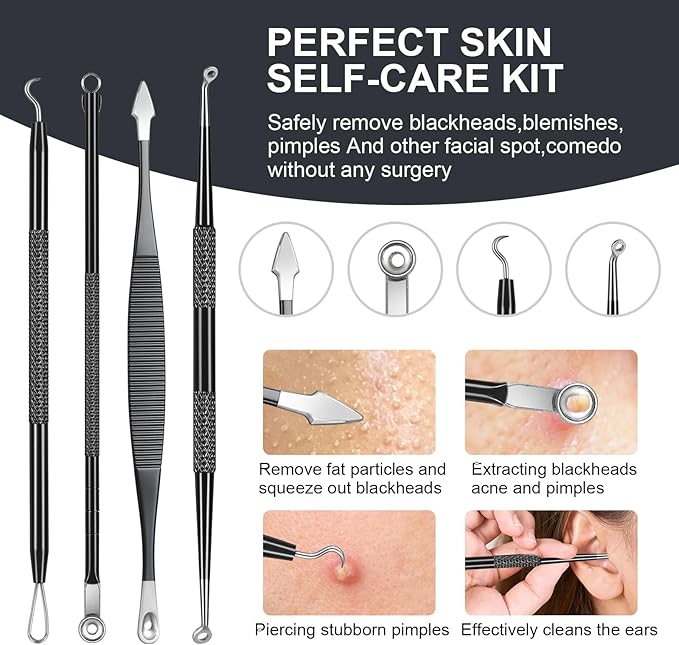 Meidaier 11Pcs Blackhead Remover Kit, Stainless Steel Acne Comedone Extractor with 10X Magnifying Glass & 20 75% Alcohol Pads, Pimple Whitehead Blemish Removal, Anti-Slip Handle & Storage Box
