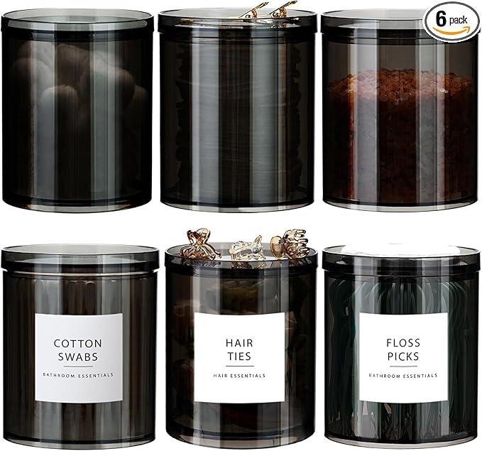 SheeChung 6-Pack Black Stackable Apothecary Jars - (10oz & 12oz) Mixed Sizes Qtip Holder - Modern Industrial Bathroom Accessories Decor with Storage Lids - Translucent Black