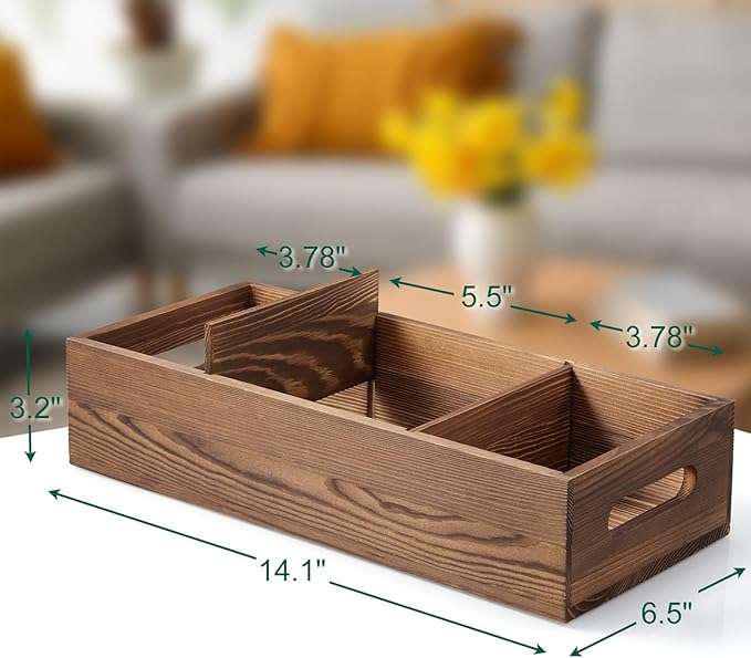 14 Inch Wood Bathroom Basket with Removable Dividers - 3 Comparments Wooden Toilet Paper Basket with Handle for Back of Toilet Tank Topper - Storage Organizer for Bathroom Kitchen Pantry Organization