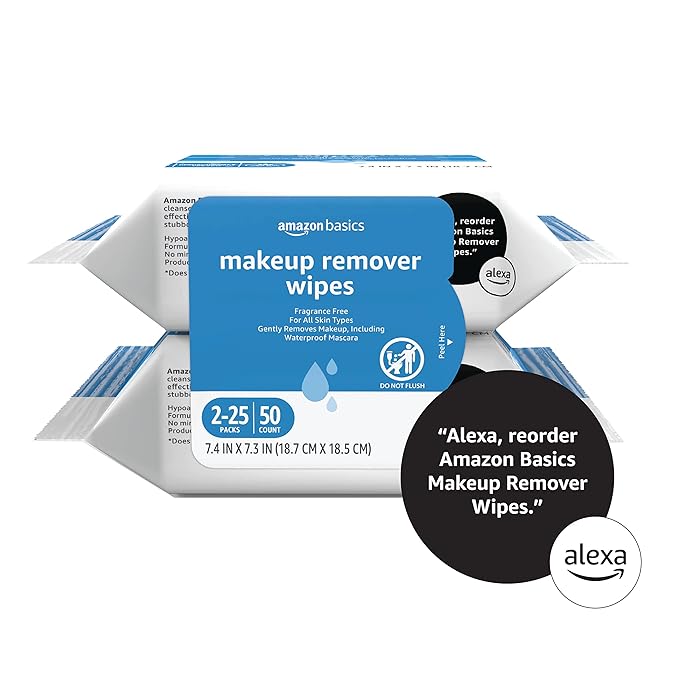 Amazon Basics Makeup Remover Wipes, Formulated without Fragrance and Alcohol-Free, Gentle Cleansing, Removes Waterproof Mascara, Dermatologist Tested, 25 Count, Pack of 2