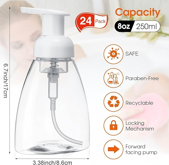 Eboot 24 Pcs 8 oz Foaming Soap Dispenser Foaming Pump Bottle Travel Hand Soap Pump Foam Dispenser Bottle Plastic Press Bottles Empty Refillable Plastic Container for Liquid Shampoo