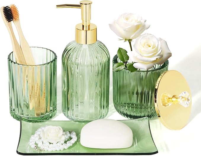 Designer Black Glass Bathroom Accessories Sets - 4 Pcs with Lotion Soap Dispenser, Bathroom Toothbrush Holder, Vanity Tray, and Apothecary Jar, Vintage Bathroom Decor, Gift Countertop Organizer