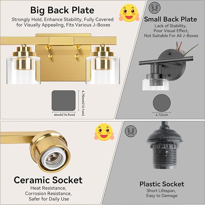 4-Light Bathroom Light Fixtures, 27" Modern Vanity Lights Over Mirror with Clear Glass Shades, Brushed Gold Vanity Lights, Classic Wall Lamp for Mirror Living Room Cabinet Bedroom Porch Kitchen