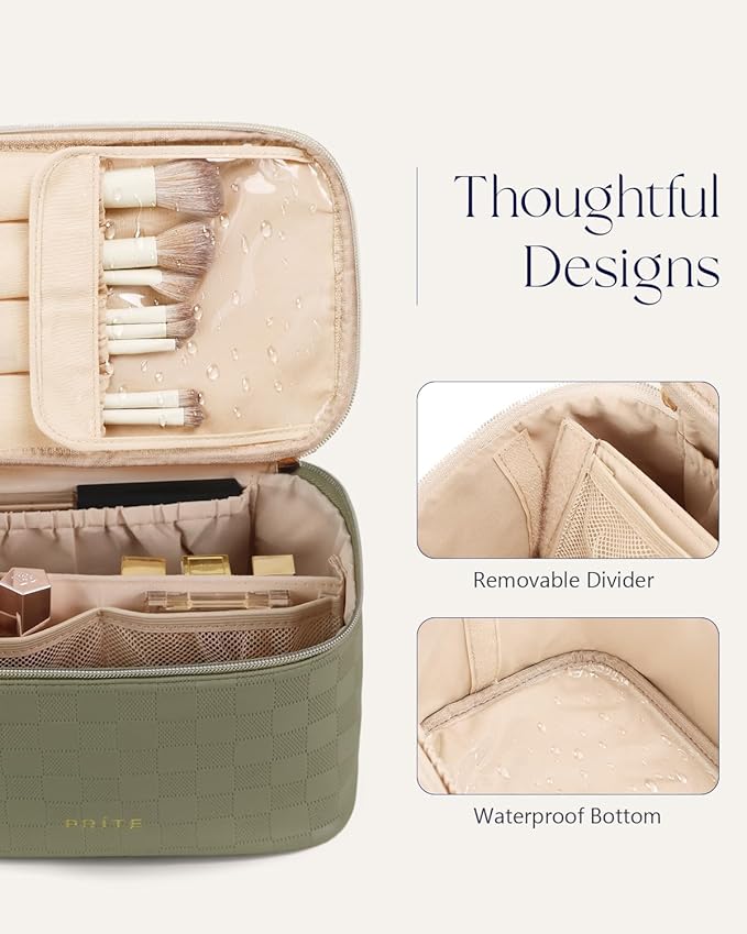 Prite Makeup Bag, Large Capacity Cosmetic Bag for Women and Girls, Waterproof PU Leather Travel Case with Handle, Divider for Skincare and Brushes - Checkered Green