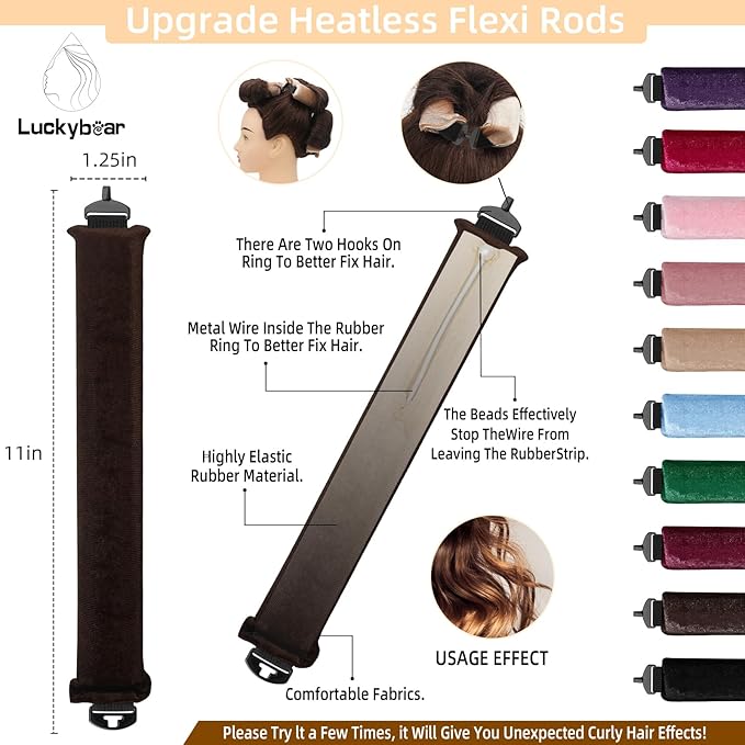 Luckybear Overnight Heatless Hair Curler Rods Jumbo, 3pcs Satin Flexi Rods for All Hair Types, Heatless Overnight Curls Styling Tools, Soft Velvet Satin Brown