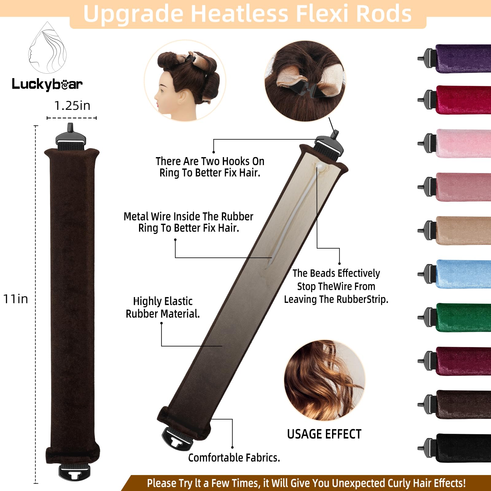 Luckybear Overnight Heatless Hair Curler Rods Jumbo, 3pcs Satin Flexi Rods for All Hair Types, Heatless Overnight Curls Styling Tools, Soft Velvet Satin Brown