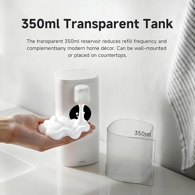 Automatic Foaming Soap Dispenser 350ml Touchless - Smart Hand Soap Dispenser with LED Smile Timer, Type-C Rechargeable 180-Day Battery, IPX7 Waterproof, Wall Mounted for Bathroom & Kitchen